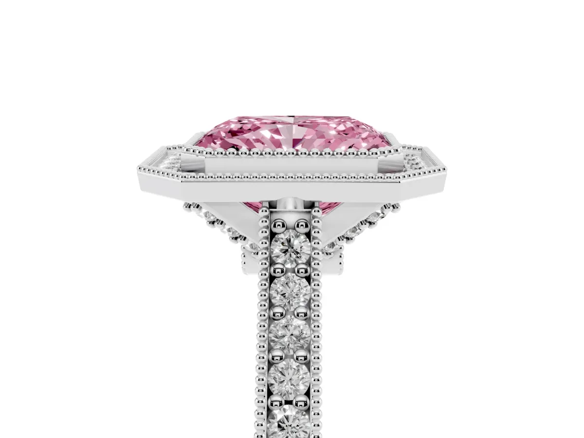 Fancy Pink Halo Radiant Cut-Cut Diamond Pave Band Milgrain Prong Setting Ring Silver