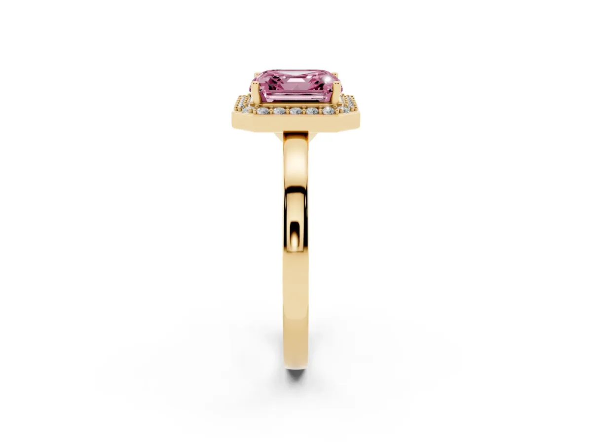 Fancy Pink Asscher Cut Halo Diamond Ring with Solitaire Band and Prong Setting Yellow gold