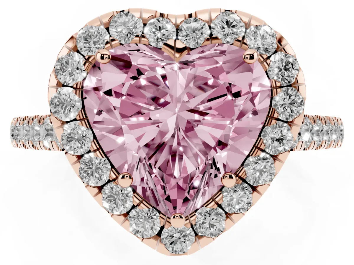 Fancy Pink Heart Cut Halo Pave Diamond Engagement Ring with Four-Prong Setting Rose gold