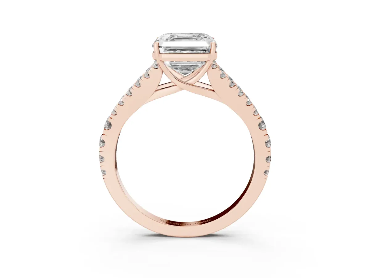 Asscher Cut Diamond Split Shank Engagement Ring with Round Pavé and Prong Setting Rose gold