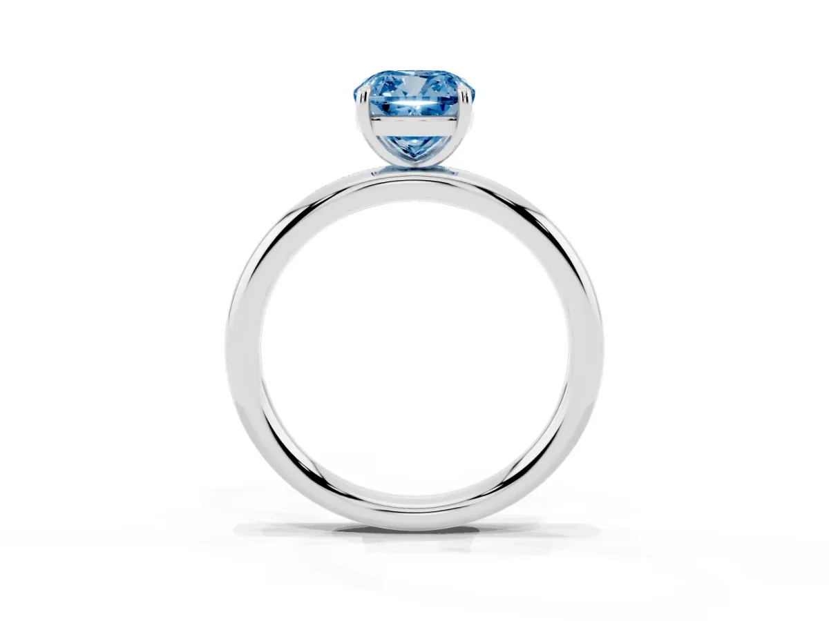 Fancy Blue Cushion Cut Solitaire Diamond Ring with Four-Prong Setting on a Plain Band White gold