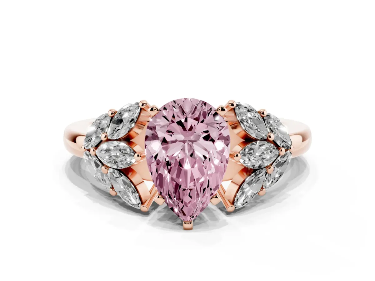Fancy Pink Pear Cut Diamond Cluster Leaf Design Ring with Prong Setting Rose gold