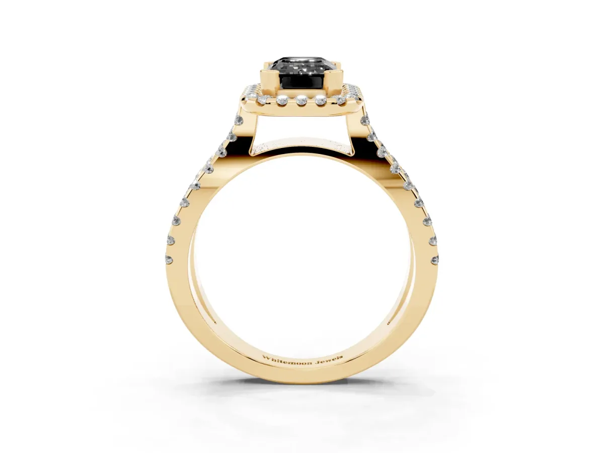 Fancy Black Emerald Cut Diamond Halo Ring with Split Shank Pavé Band and Prong Setting Yellow gold