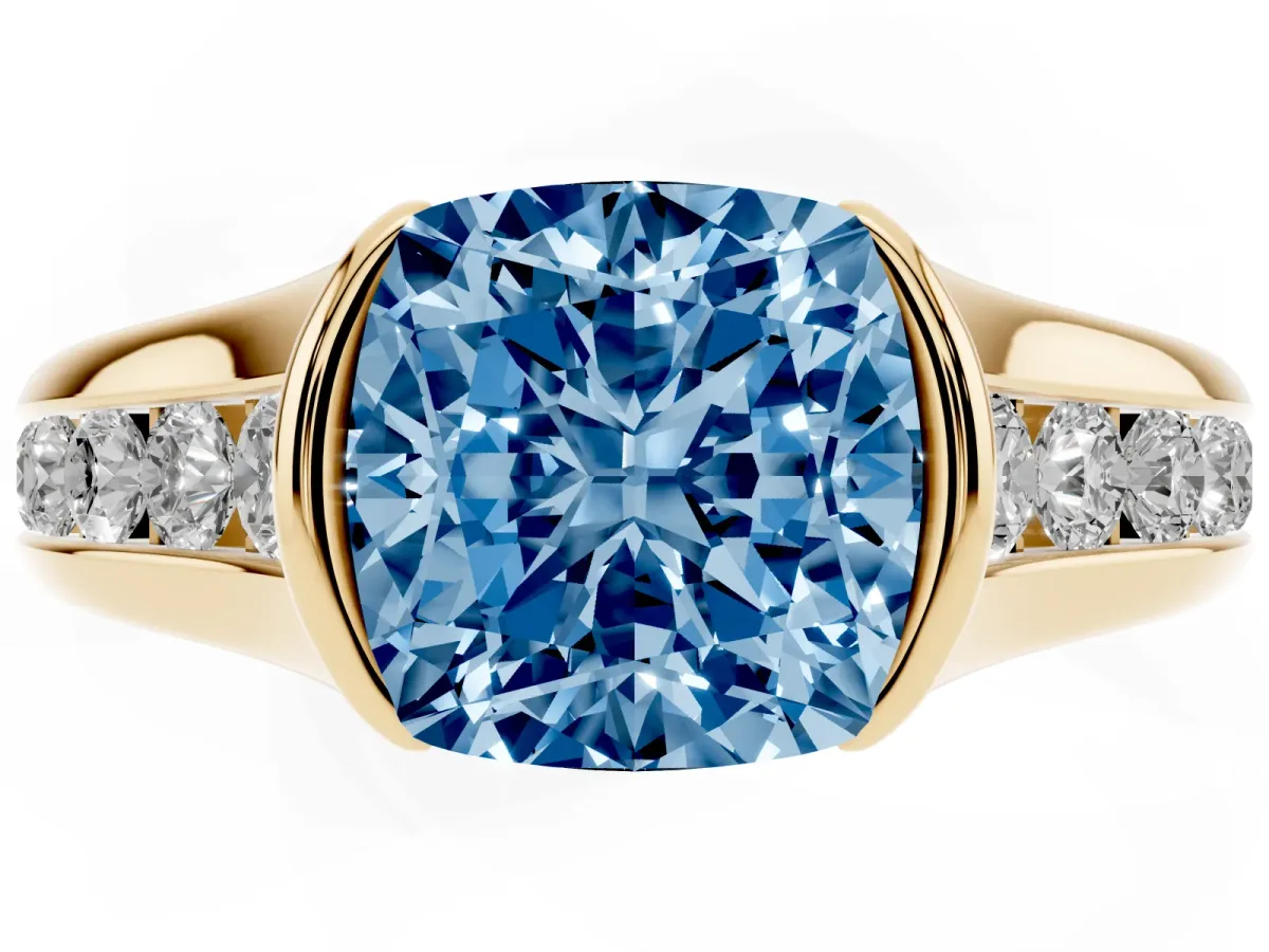 Fancy Blue Cushion Cut Solitaire Bezel-Set Diamond Ring with Channel-Set Band Yellow gold