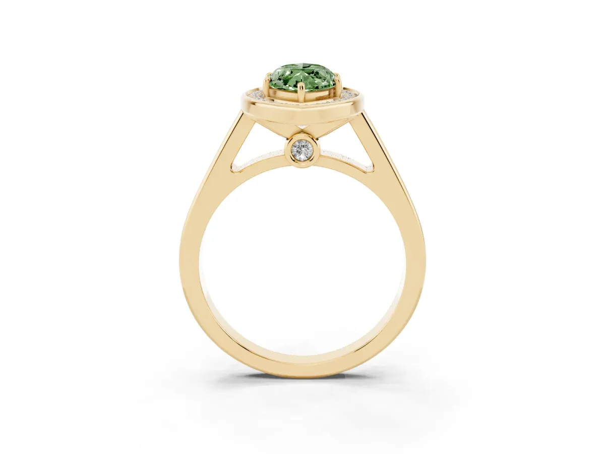 Fancy Green Marquise Cut Halo Solitaire Diamond Ring with Pave Band and Bezel Setting Yellow gold