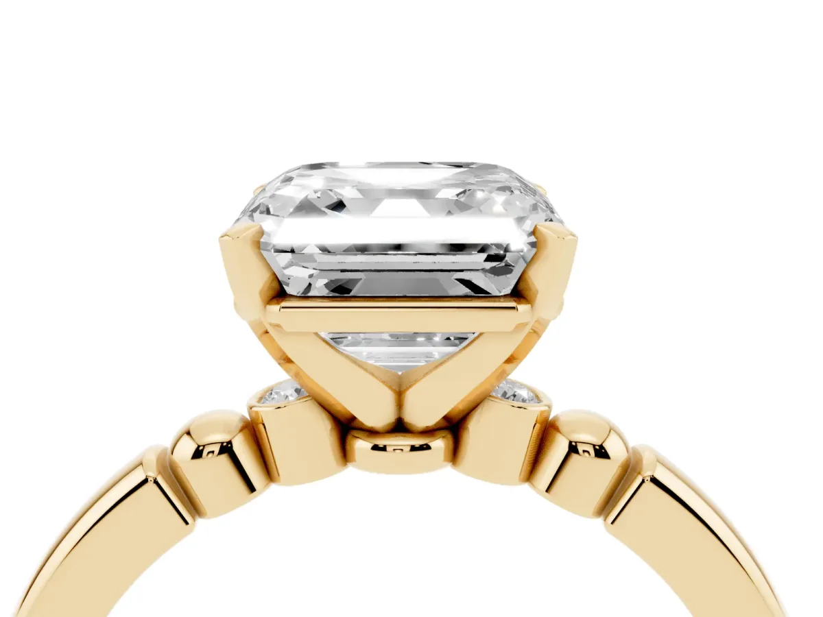 Asscher Cut Solitaire Beaded Band with Four-Prong Setting Yellow gold