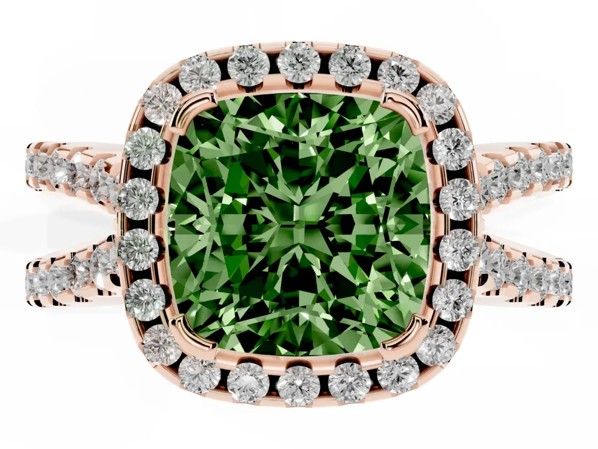 Fancy Green Cushion Cut Diamond Halo Ring with Split Shank Pavé Band and Prong Setting Rose gold