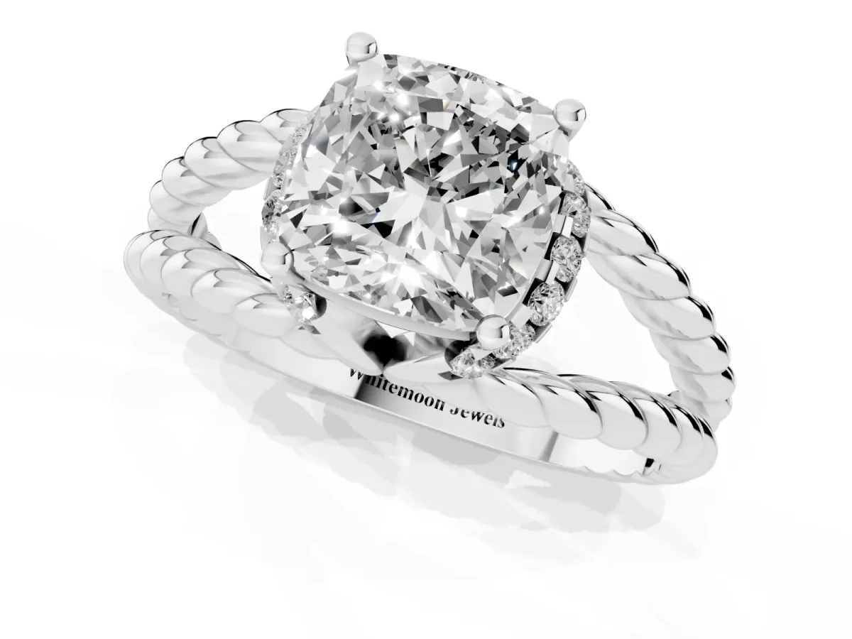 Cushion Cut Halo Twisted Band Four-Prong Ring Silver
