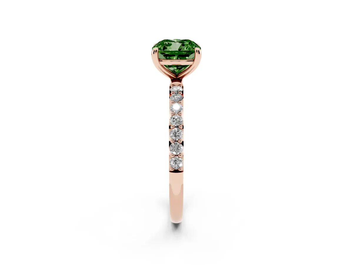 Fancy Green Cushion Cut Diamond Solitaire Ring with Round Pavé Band and Prong Setting Rose gold