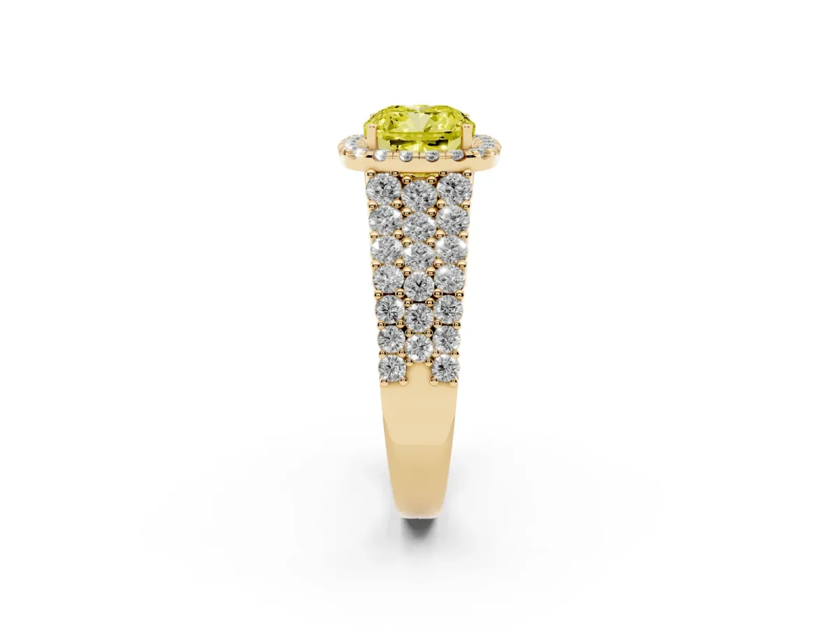 Fancy Yellow Cushion Cut Diamond Halo Engagement Ring with Triple Row Round Pavé Band and Prong Setting Yellow gold