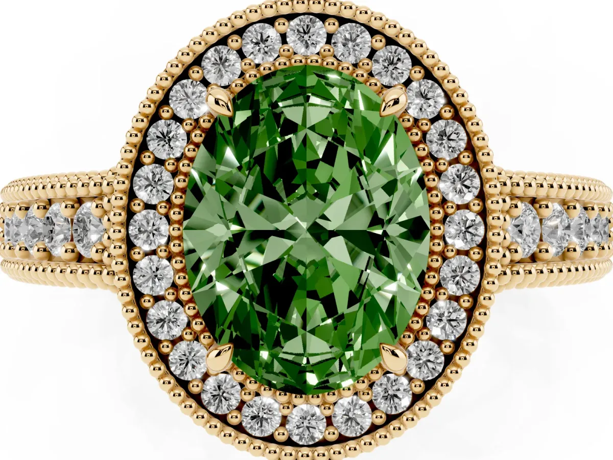 Fancy Green Oval Cut Cut Halo Diamond Ring with Pavé Band and Four-Prong Setting Yellow gold