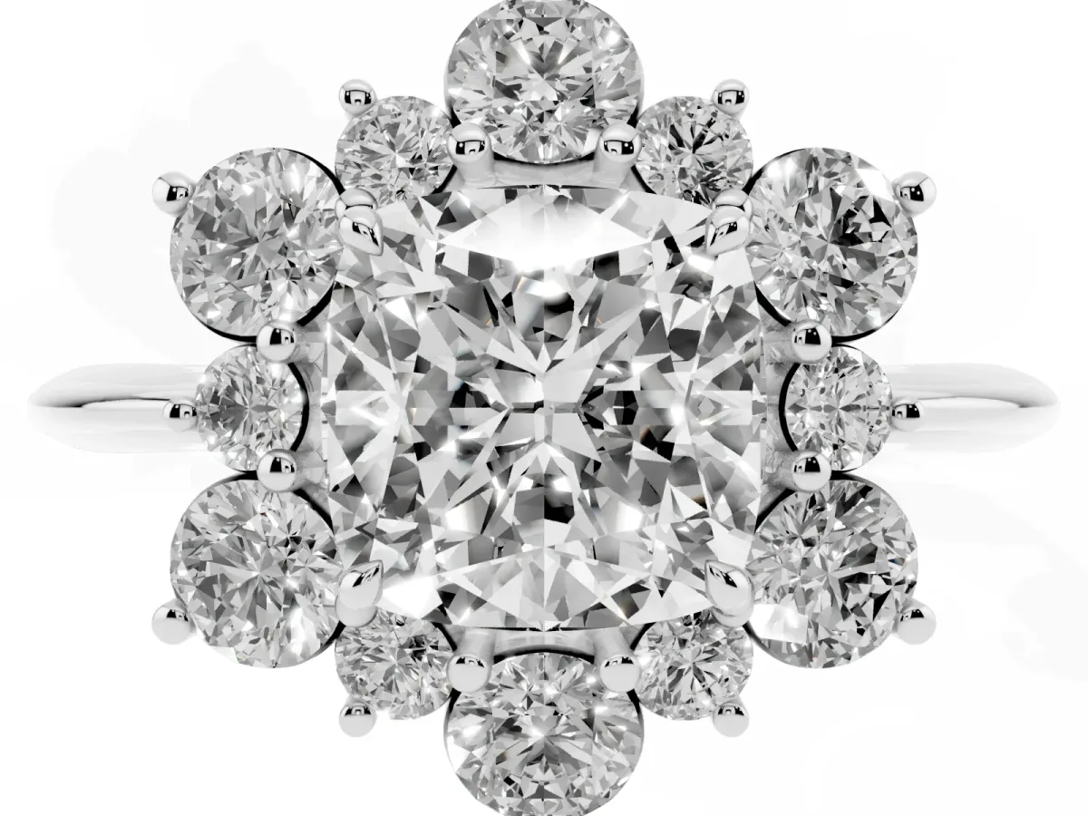Cushion Cut Diamond Cluster Halo Ring with Solitaire Band and Four-Prong Setting Platinum