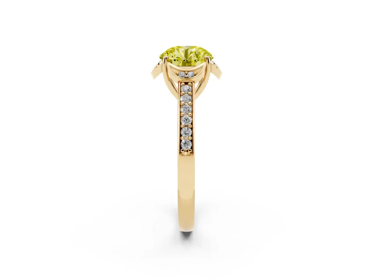 Fancy Yellow Round Cut Cut Halo Diamond Ring with Channel Set Band and Four-Prong Setting Yellow gold