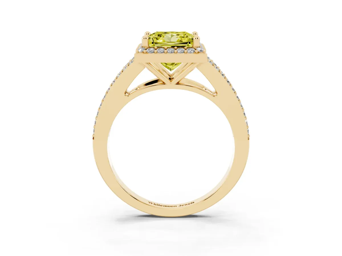 Fancy Yellow Princess Cut Halo Split Shank Pave Diamond Ring with Four-Prong Setting Yellow gold