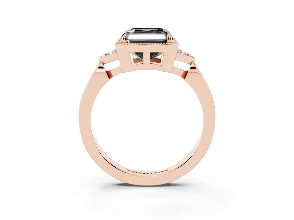 Fancy Black Hexagonal Halo Asscher Cut Diamond Solitaire with Pavé Band and Four-Prong Setting Rose gold