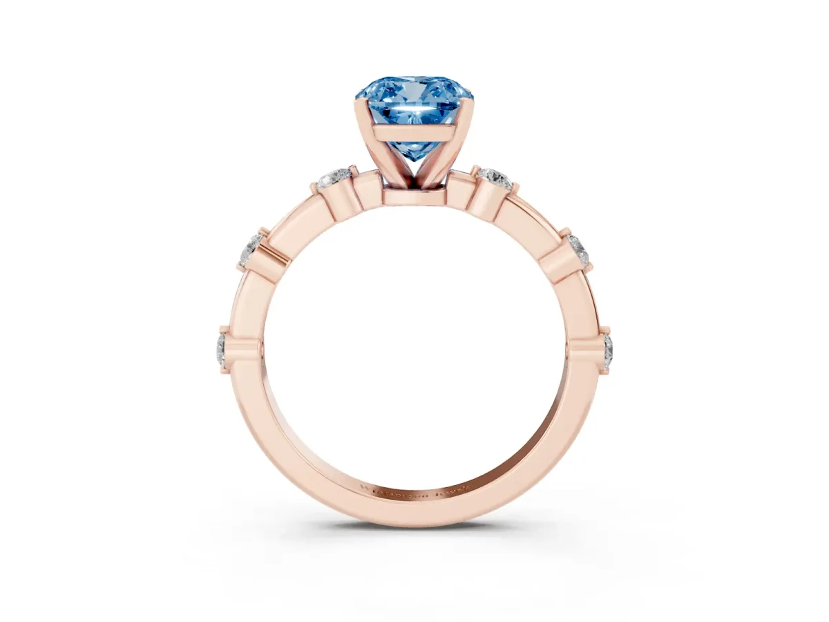 Fancy Blue Cushion Cut Solitaire Diamond Ring with Bezel Set Side Stones and Prong Setting Rose gold