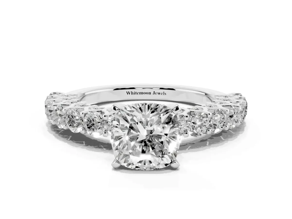 Cushion Cut Diamond Solitaire Ring with Shared Prong Pavé Band and Four-Prong Setting Silver