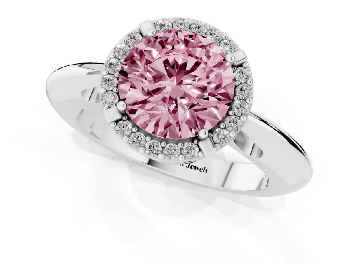 Fancy Pink Round Cut Cut Diamond Halo Engagement Ring with Split Shank and Four-Prong Setting Silver