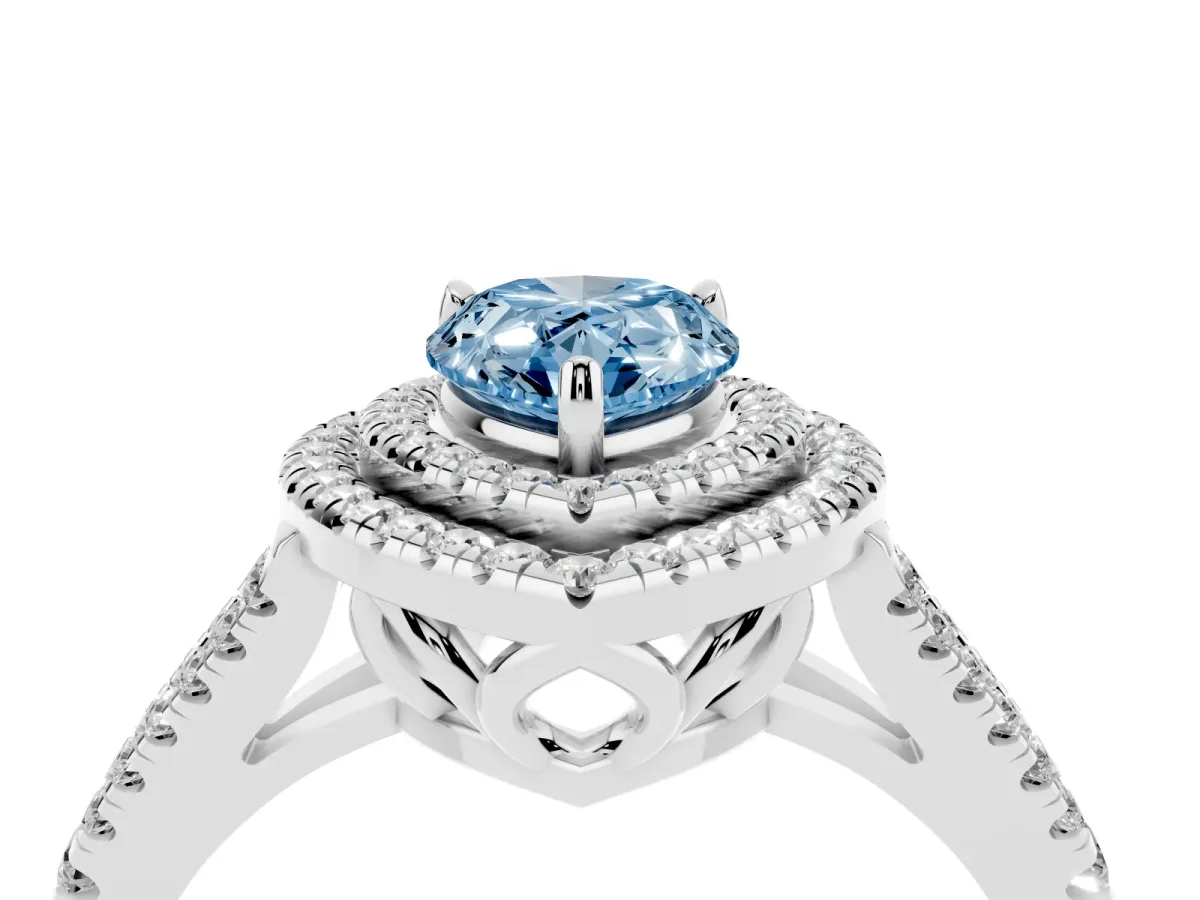 Fancy Blue Pear Cut Diamond Double Halo Ring with Pavé Band and Prong Setting Silver