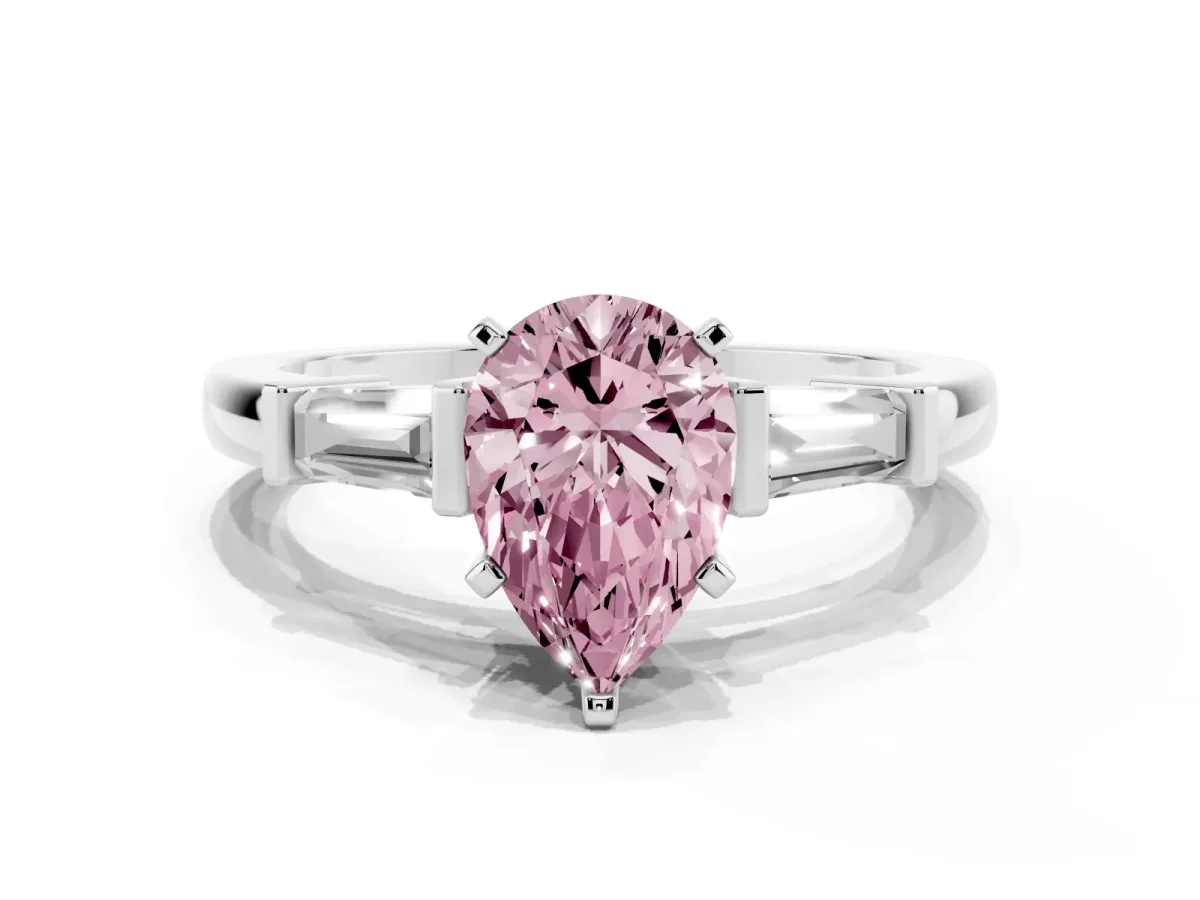 Fancy Pink Pear Cut Cut Diamond Solitaire Ring with Tapered Baguette Accents and Four-Prong Setting Platinum