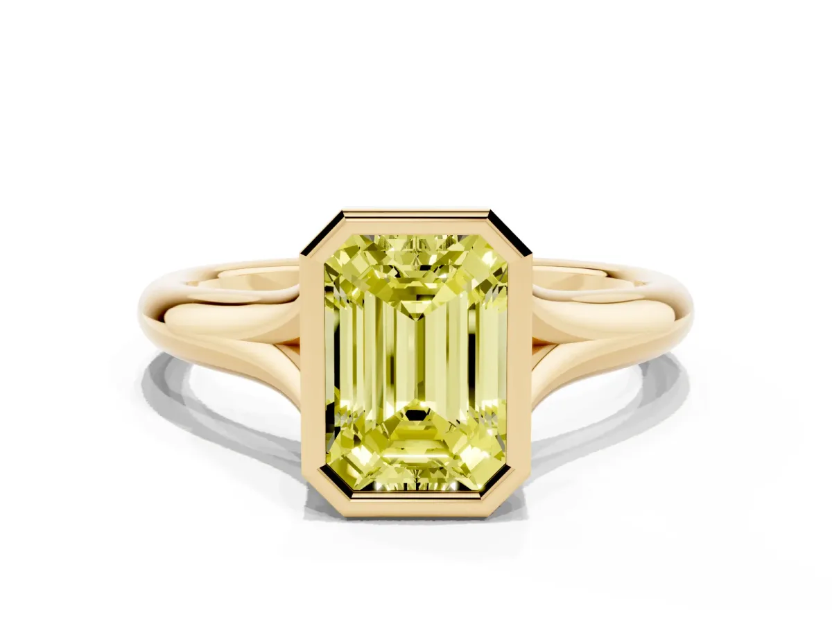 Fancy Yellow Bezel Set Emerald Cut Solitaire Diamond Ring with Smooth Band Yellow gold