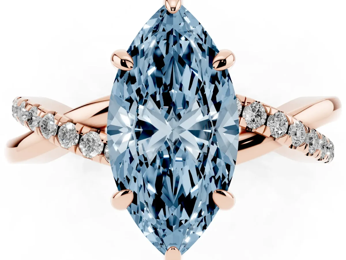 Fancy Blue Marquise Cut Cut Diamond Twist Band Solitaire with Prong Setting Rose gold