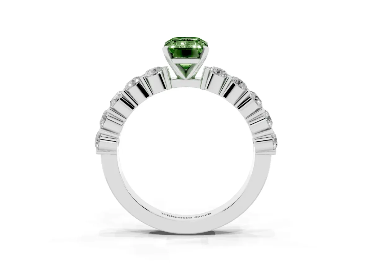 Fancy Green Emerald Cut Diamond Solitaire Ring with Shared Prong Round Side Stones Silver