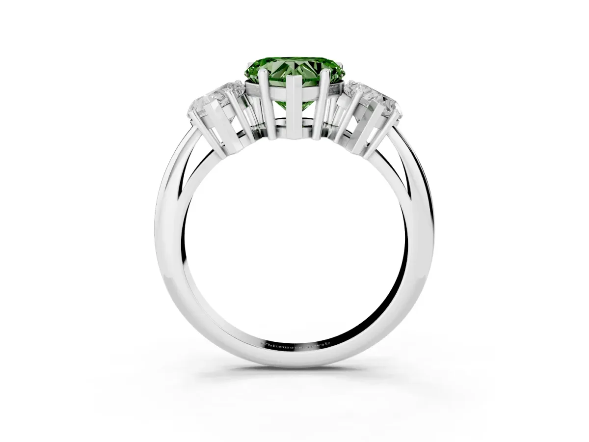 Fancy Green Three-Stone Heart Cut Cut Diamond Engagement Ring with Prong Setting on a White Gold Band White gold