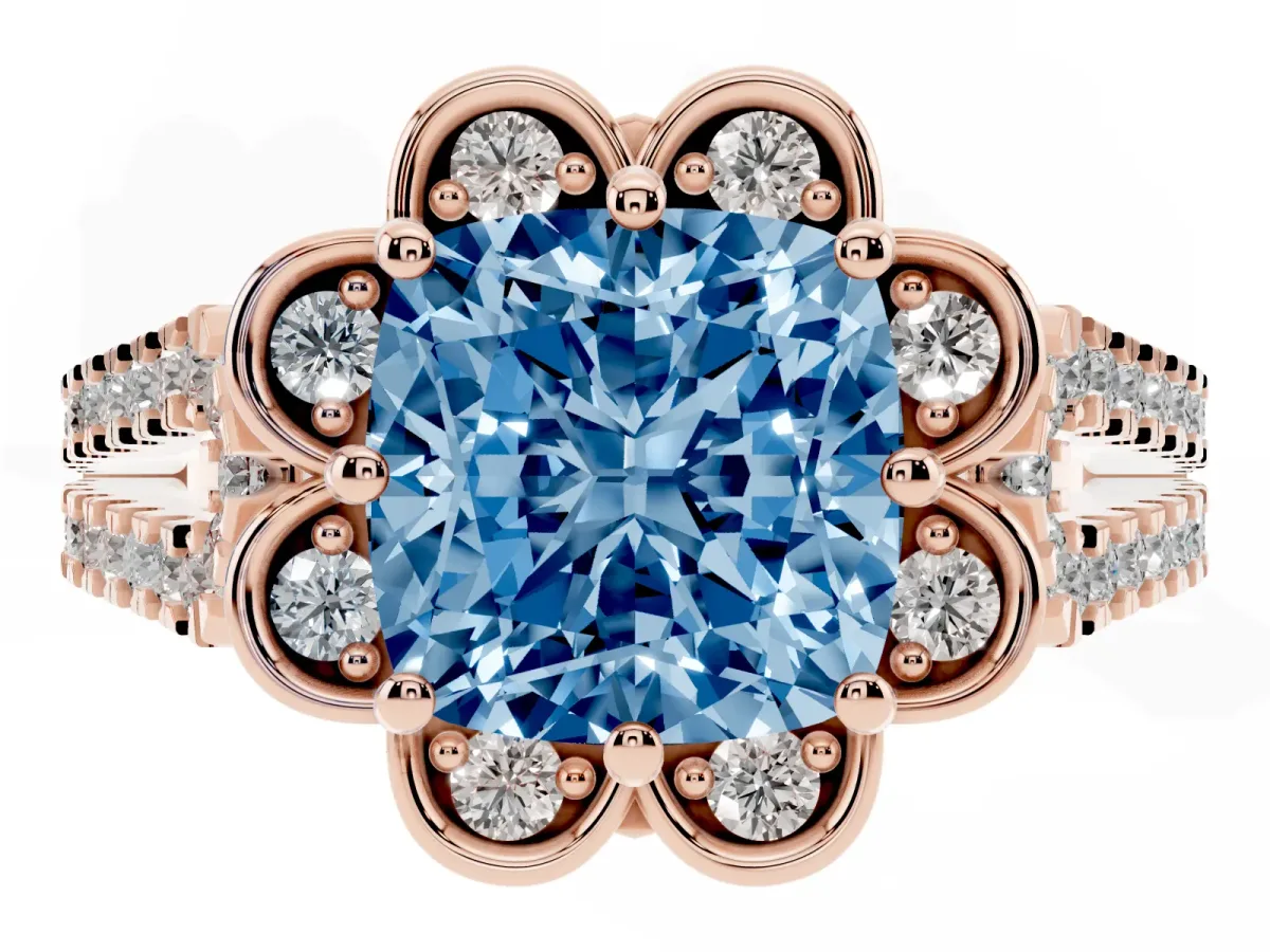 Fancy Blue Cushion Cut Halo Diamond Floral Split Shank Engagement Ring Rose gold