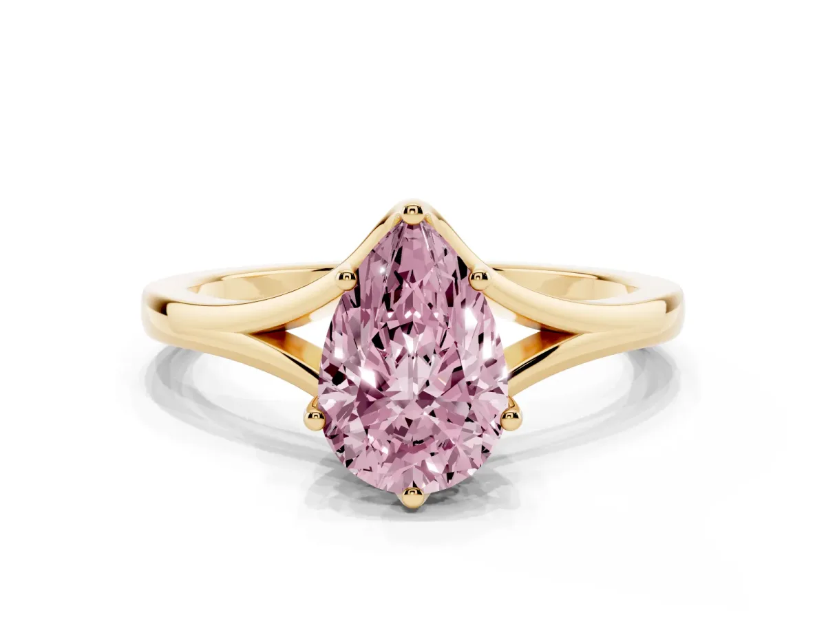 Fancy Pink Pear Cut Solitaire Diamond Ring with Six-Prong Setting and Tapered Band Yellow gold