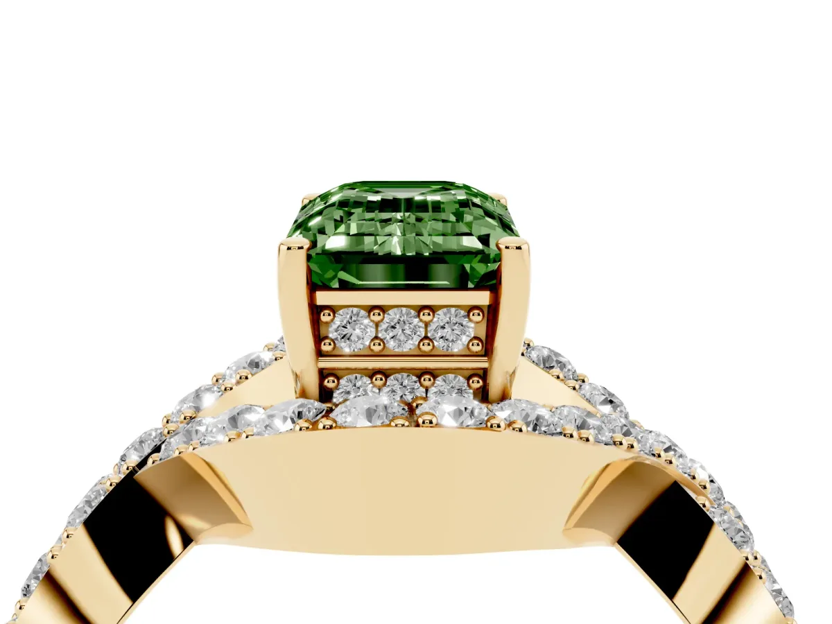 Fancy Green Emerald Cut Solitaire Twist Band Pavé Diamond Engagement Ring Yellow gold