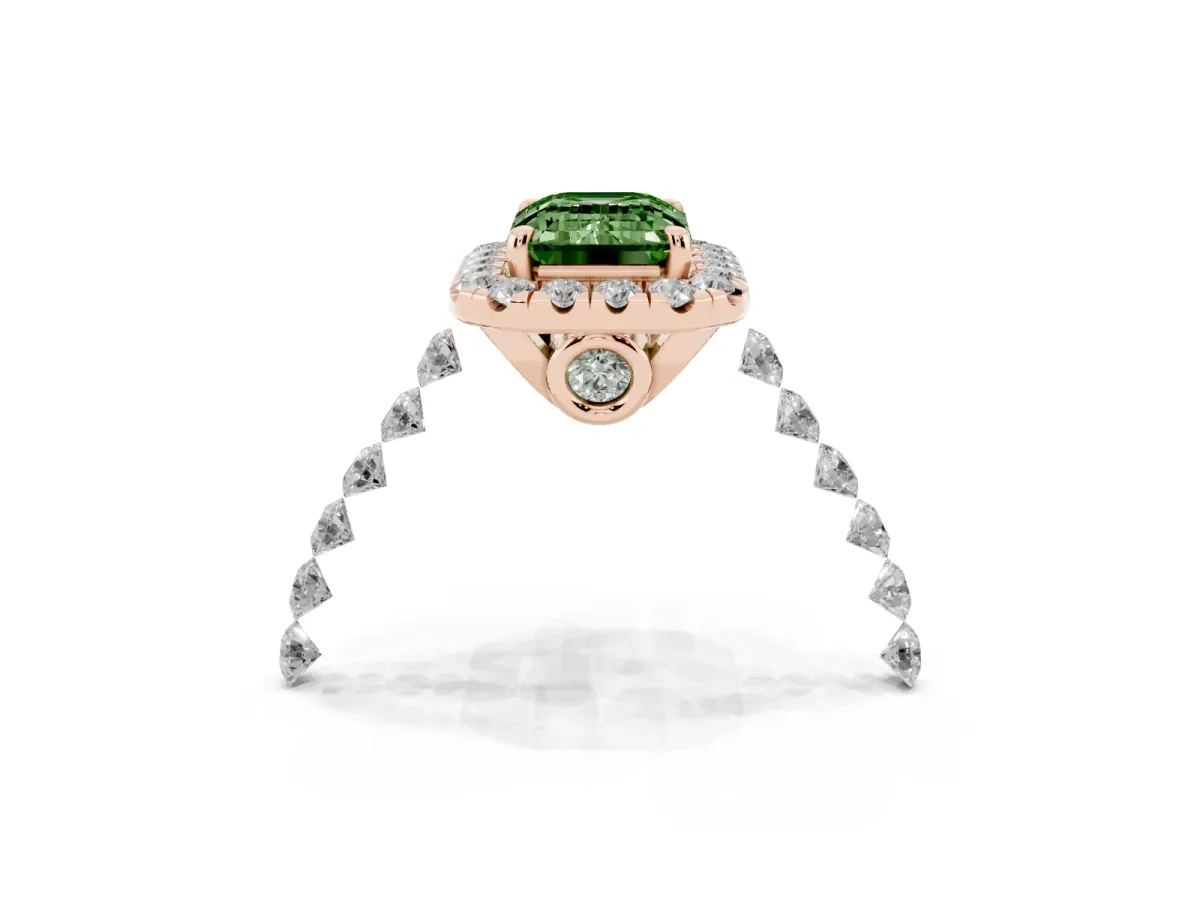 Fancy Green Emerald Cut Halo Pavé Diamond Engagement Ring with Four-Prong Setting Rose gold