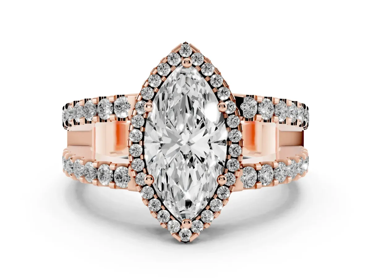 Marquise Cut Cut Halo Split Shank Diamond Ring with Four-Prong Setting Rose gold