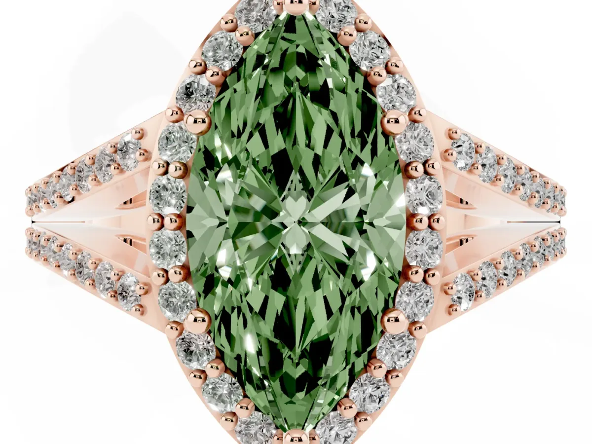 Fancy Green Marquise Cut Halo Split Shank Pave Diamond Ring with Four-Prong Setting Rose gold