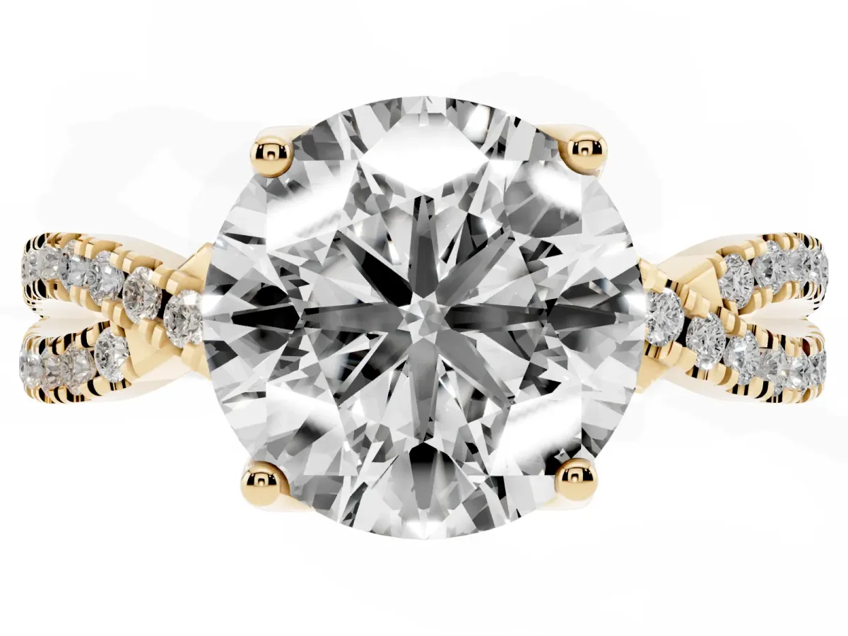 Round Cut Solitaire Twist Pave Diamond Engagement Ring with Prong Setting Yellow gold