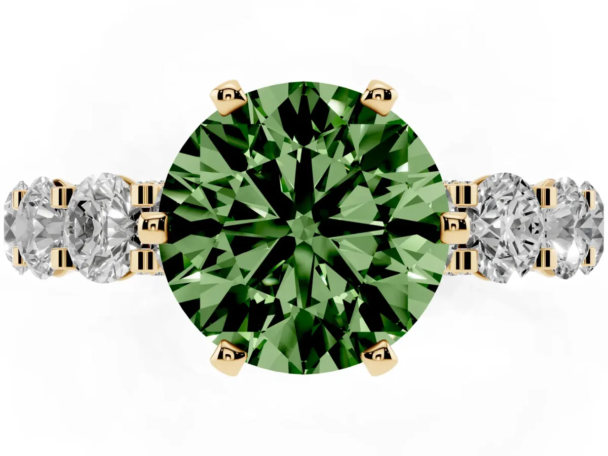 Fancy Green Round Cut Diamond Side Stone Engagement Ring with Four-Prong Setting Yellow gold