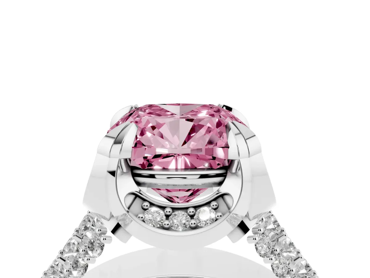 Fancy Pink Cushion Cut Solitaire Pave Split Shank Ring with Four-Prong Setting Silver