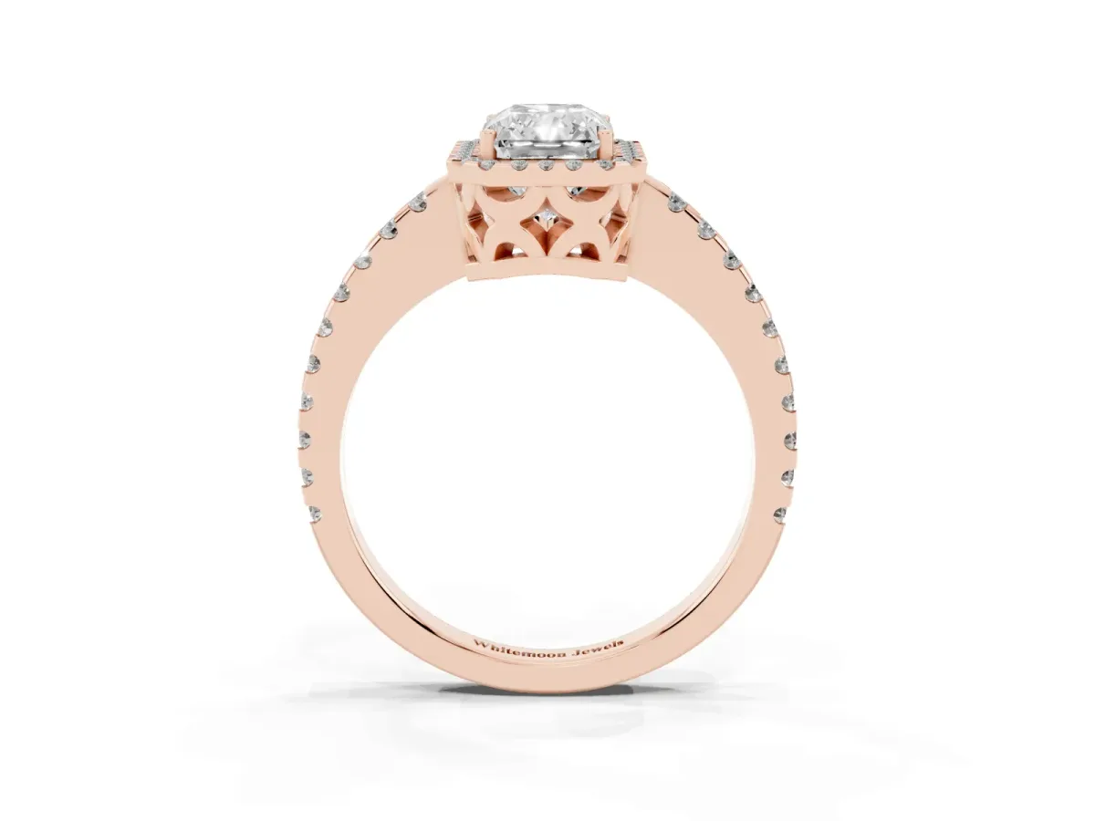 Radiant Cut Diamond Halo Engagement Ring with Pavé Band and Prong Setting Rose gold
