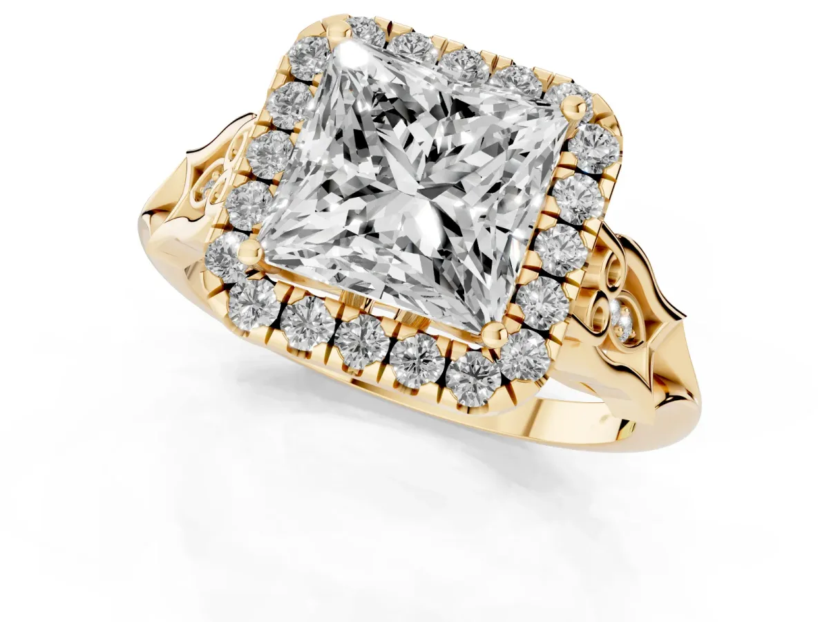 Princess Cut Halo Diamond Engagement Ring with Filigree Band and Four-Prong Setting Yellow gold