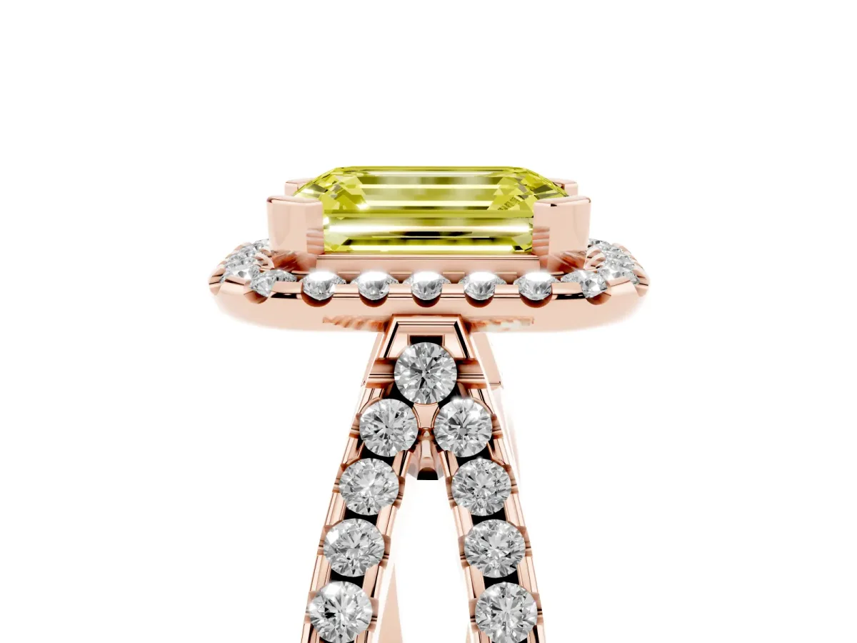 Fancy Yellow Emerald Cut Diamond Halo Ring with Split Shank Pavé Band and Prong Setting Rose gold