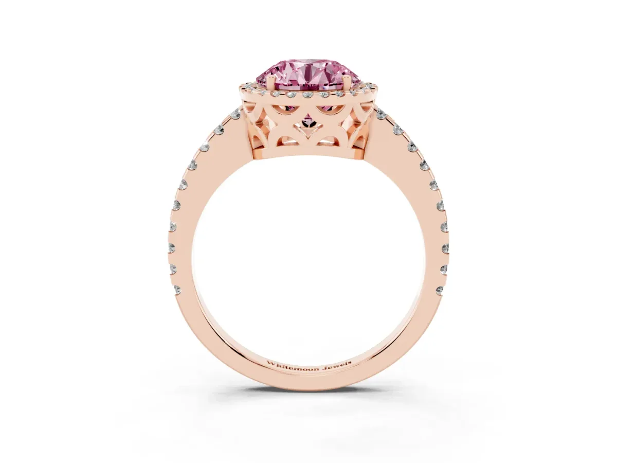 Fancy Pink Round Cut Diamond Halo Engagement Ring with Pavé Band and Prong Setting Rose gold