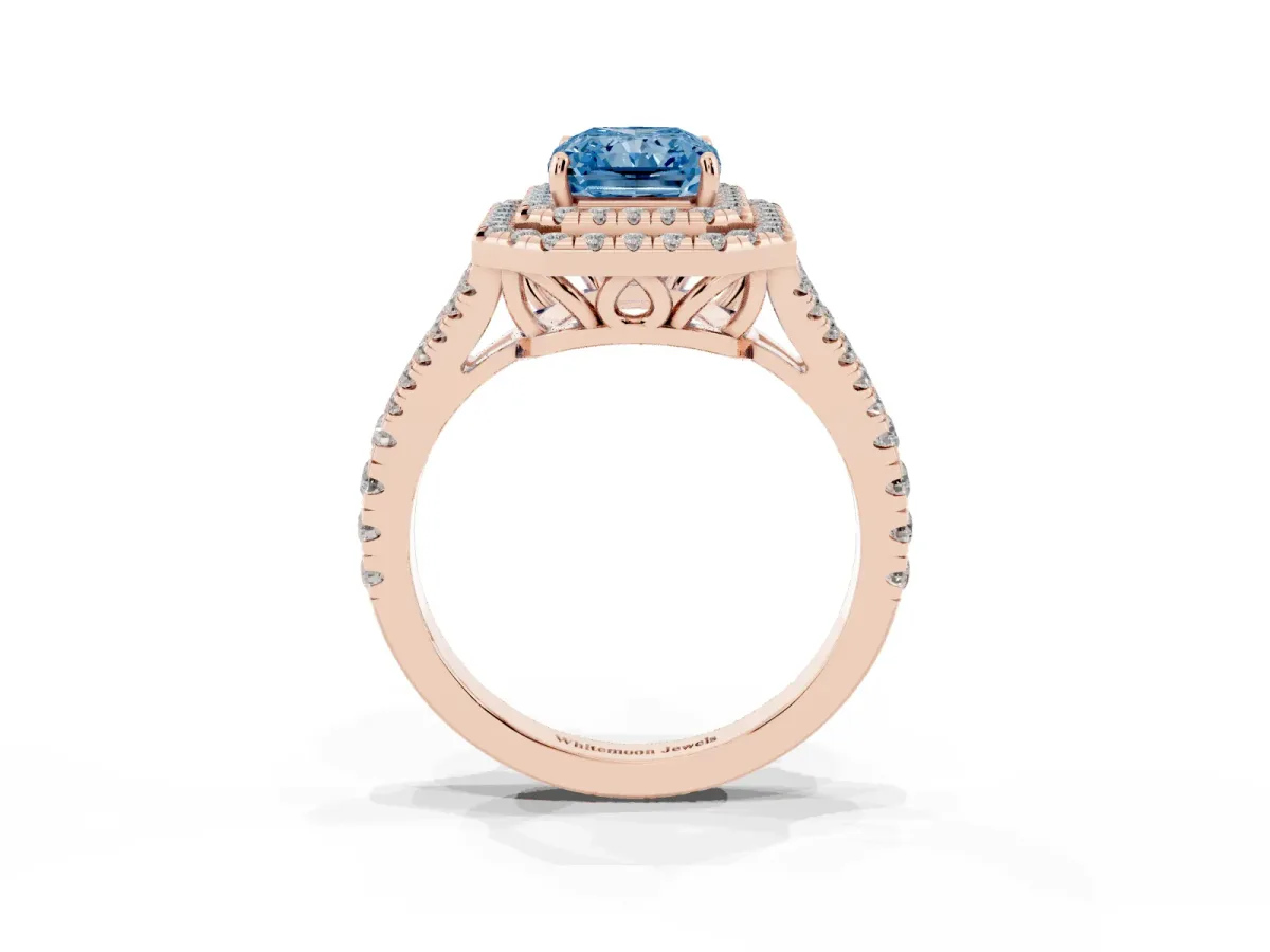 Fancy Blue Radiant Cut Diamond Double Halo Ring with Pavé Band and Prong Setting Rose gold