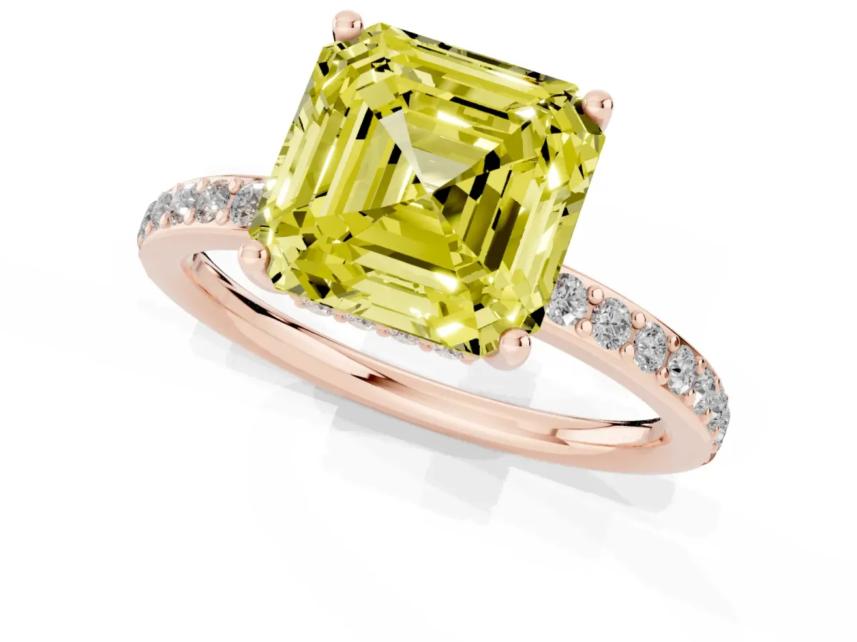 Fancy Yellow Asscher Cut Cut Diamond Pavé Band Ring with Four-Prong Setting Rose gold