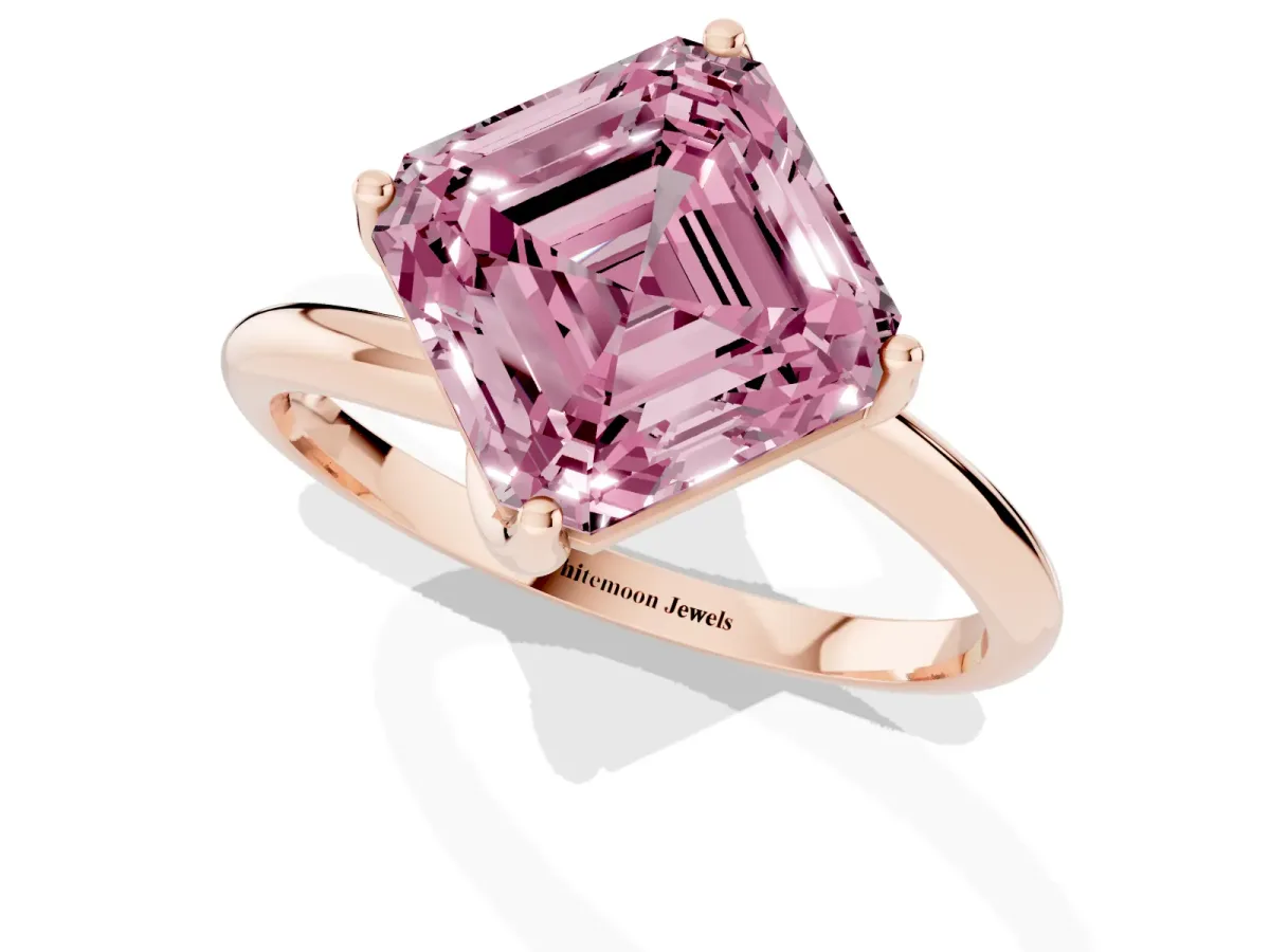 Fancy Pink Asscher Cut Diamond Solitaire Engagement Ring with Four-Prong Setting and Classic Band Rose gold