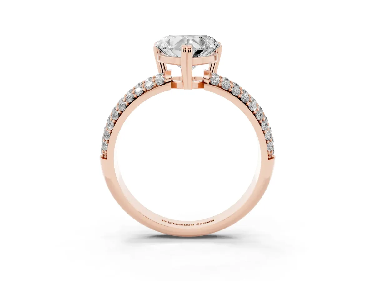 Heart Cut Diamond Solitaire Ring with Multi-Row Round Pavé Band and Prong Setting Rose gold