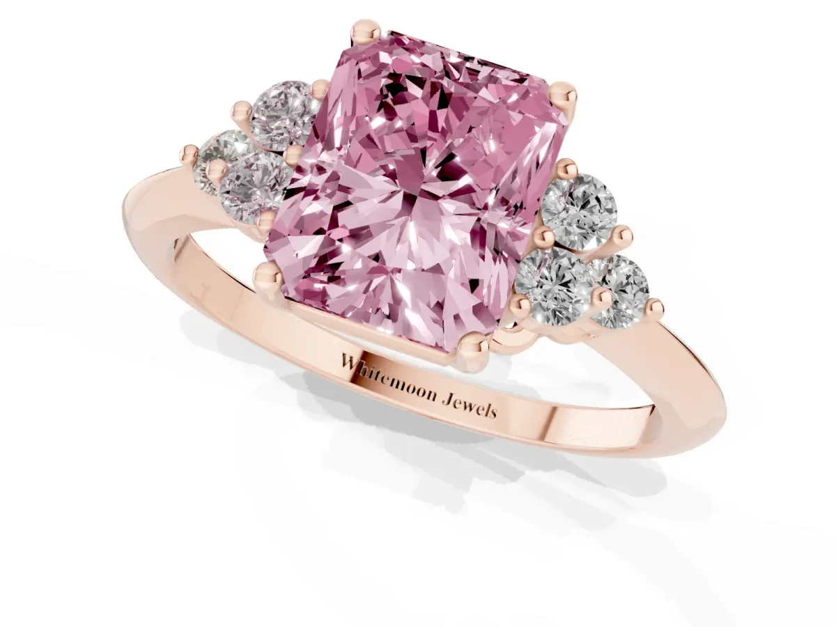 Fancy Pink Radiant Cut Cut Diamond Cluster Ring with Solitaire Band and Four-Prong Setting Rose gold