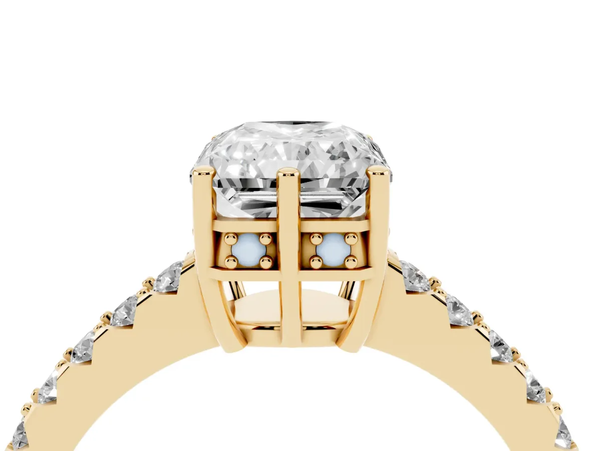 Radiant Cut Solitaire Diamond Engagement Ring with Pavé Band and Six-Prong Setting Yellow gold