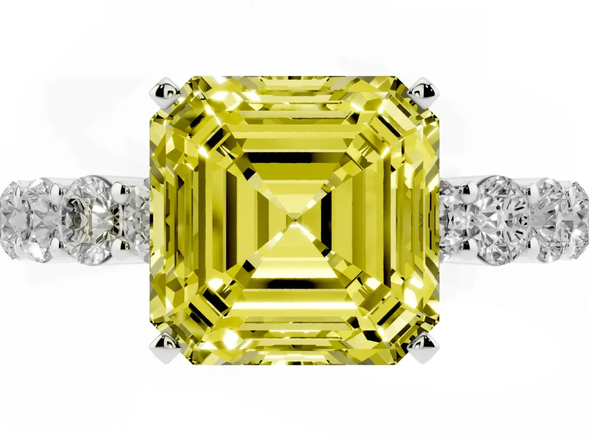 Fancy Yellow Asscher Cut Diamond Solitaire Ring with Shared Prong Round Side Stones White gold
