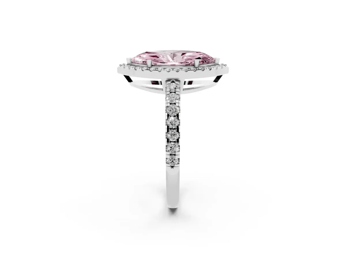 Fancy Pink Marquise Cut Diamond Halo Ring with Pavé Band and Four-Prong Setting White gold