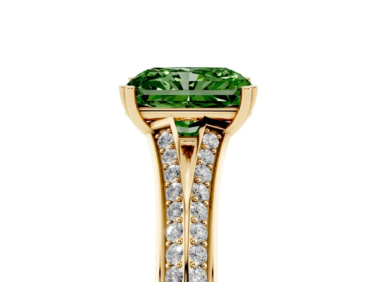 Fancy Green Radiant Cut Diamond Split Shank Engagement Ring with Pavé Band Yellow gold